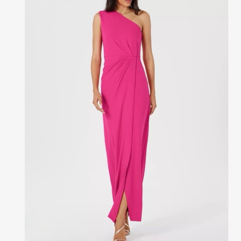 Calvin Klein Pink Draped One Shoulder‎ Stretch Crepe Gown Size 14 Slit
